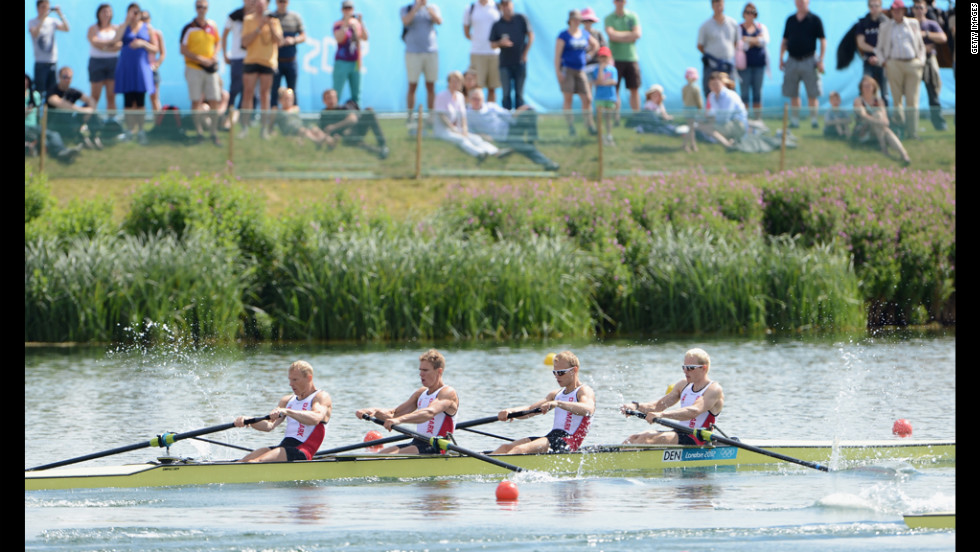 Rowers from Denmark compete in the men's lightweight four heats at Eton Dorney near Windsor, England.