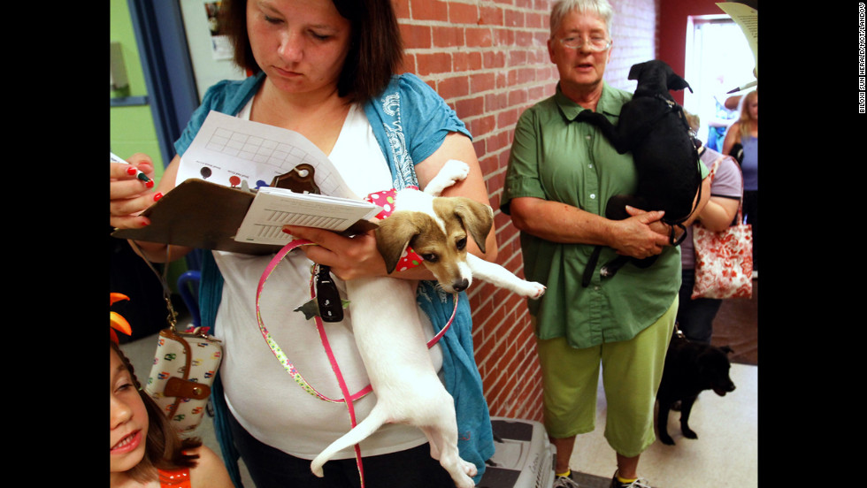 Biloxi, Mississippi, resident Stephanie Dale fills out paperwork Sunday to have her dog microchipped at the Humane Society of South Mississippi, which opened its doors to provide an emergency microchip and tag clinic.