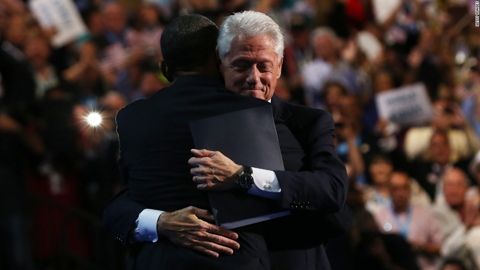 Former President Bill Clinton embraces President Barack Obama at the end of his speech Wednesday.