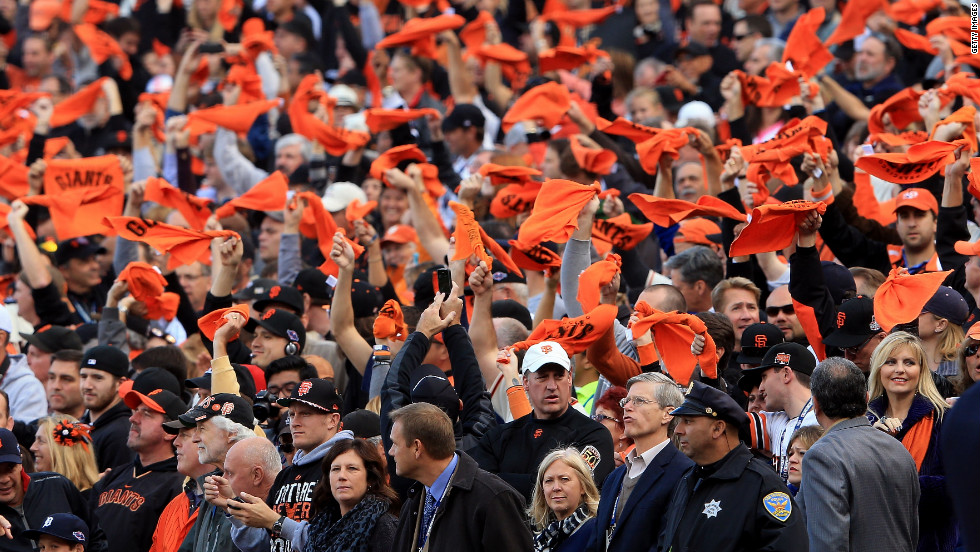 Fans Cheer during Game 1 between the San Francisco Giants and the Detroit Tigers.
