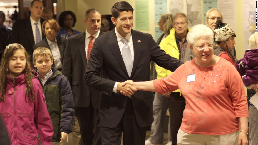 Republican vice presidential candidate U.S. Rep. Paul Ryan and his family head to the polls in Janesville, Wisconsin.