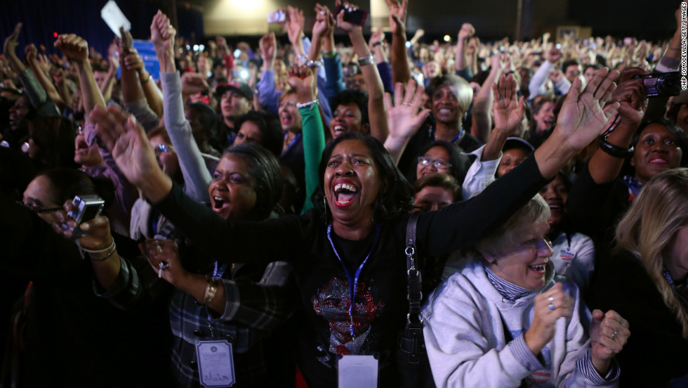 Obama supporters celebrated the president's projected victory at a watch party at McCormick Place in Chicago, Illinois.