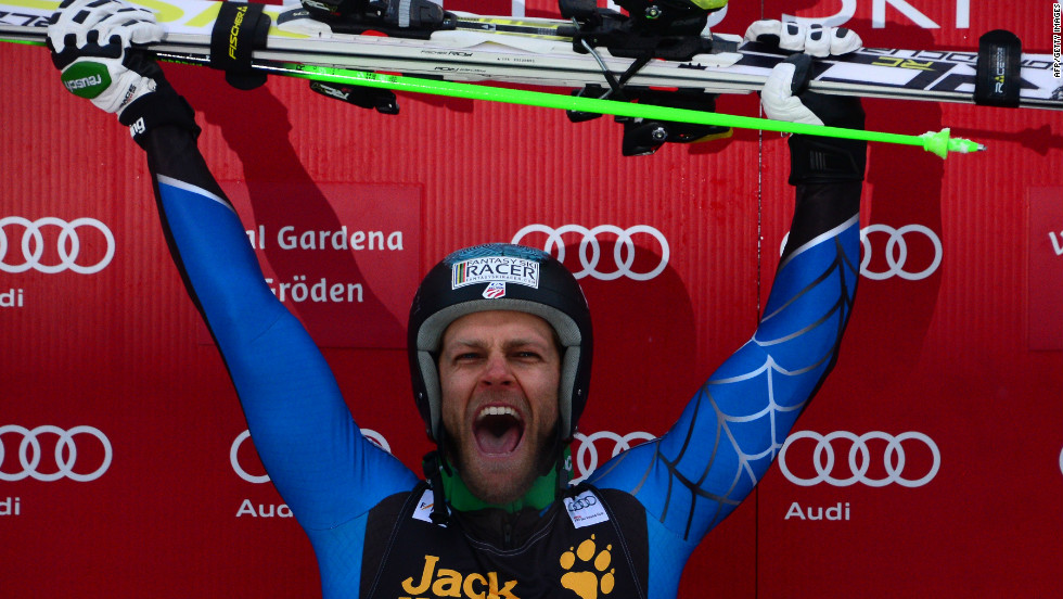 Steve Nyman celebrates his victory in the men's World Cup downhill race at Val Gardena, Italy. His only other win came at the same race in 2006.