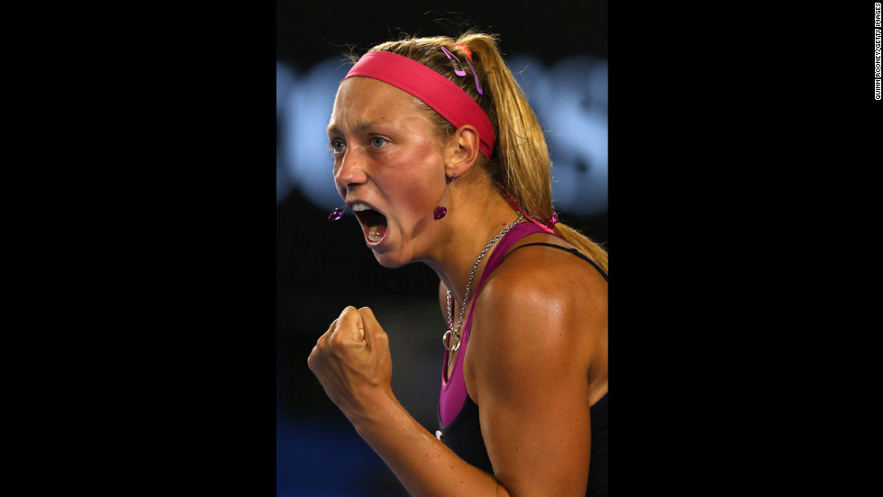 Yanina Wickmayer of Belgium celebrates winning a point in her first-round match against Jarmila Gajdosova of Australia on January 15. Wickmayer defeated Gajdosova 6-1, 7-5.
