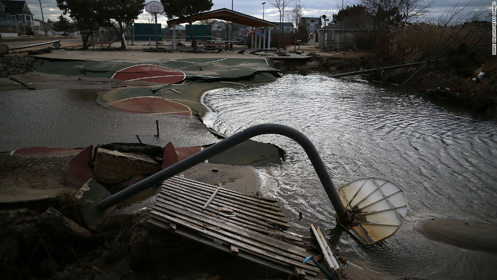 A basketball court in Ortley Beach, New Jersey, fell into a sinkhole caused by Superstorm Sandy in November 2012.