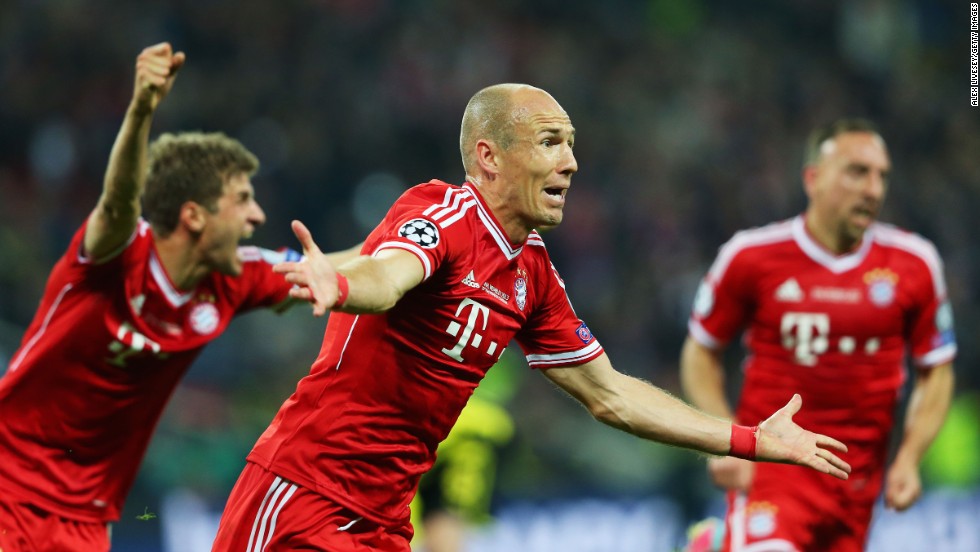 Arjen Robben of Bayern Munich celebrates after scoring the winning goal against Borussia Dortmund during the UEFA Champions League final at Wembley Stadium in London on Saturday, May 25. Bayern defeated Dortmund 2-1.