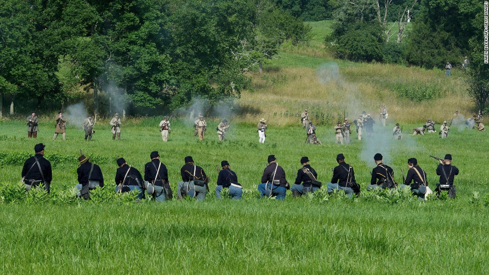 Union soldiers are fired on by advancing Confederate troops. "People are here to recognize and honor and commemorate what these people went through, the sacrifices of both soldiers and civilians," said an official with the Blue Gray Alliance, which put on the event.