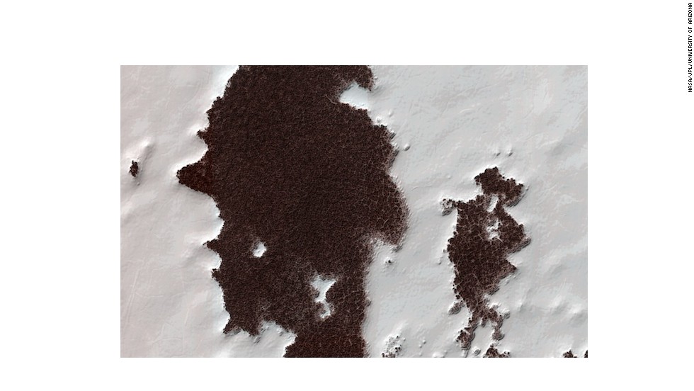 Mars is so cold that frozen carbon dioxide, or dry ice, remains from season to season at is south pole. The white areas of this image are this <a href="http://hirise.lpl.arizona.edu/ESP_032487_0895" target="_blank">residual dry ice cap</a> while the darker parts are water ice with dust and particles trapped in it. As to why that formation on the lower right looks like North America, who knows?