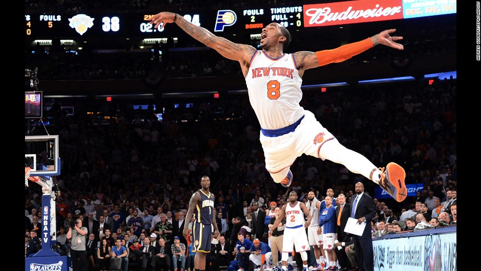 New York Knicks shooting guard J.R. Smith takes a shot against the Indiana Pacers in the final second of the first half of their NBA Eastern Conference Semifinal game at Madison Square Garden in New York on May 16. The Knicks won 85-75.