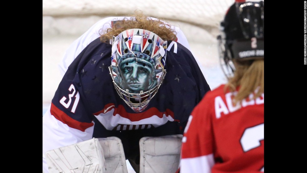 American goalie Jessie Vetter makes a save in the second period of the Canada game on February 12.