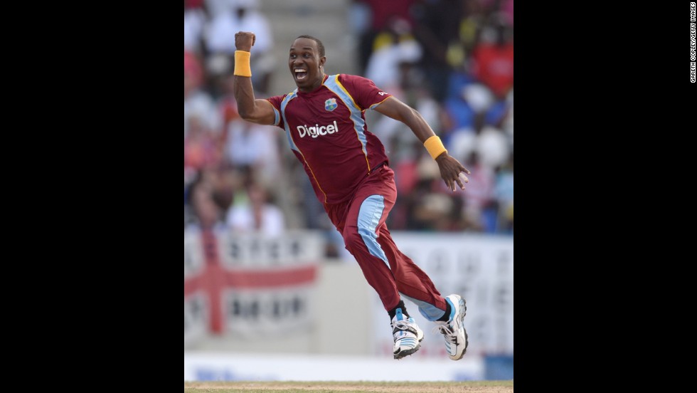 Dwayne Bravo, a cricketer from the West Indies, celebrates Sunday, March 2, during the second match of the One Day International series between the West Indies and England in Antigua.