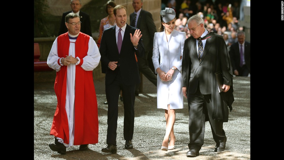 Britain's Prince William, second from left, and his wife, the Duchess of Cambridge, walk with Archbishop Glenn Davies, left, and the Rev. Phillip Jensen, dean of Sydney at St. Andrew's Cathedral, as they arrive at the cathedral for Easter Sunday church services in Sydney.