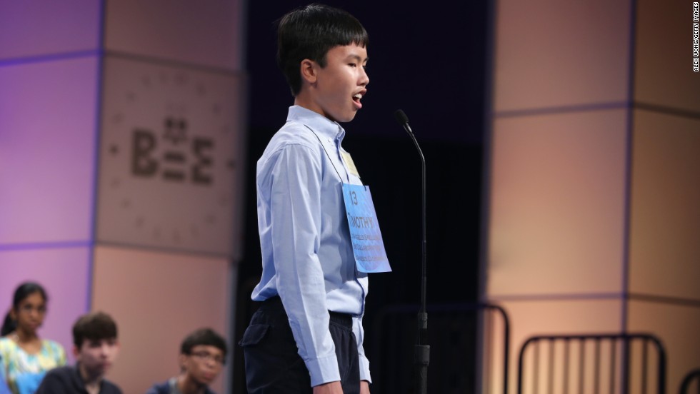 Timothy Lau, of Torrance, California, reacts after correctly spelling a word on May 29.