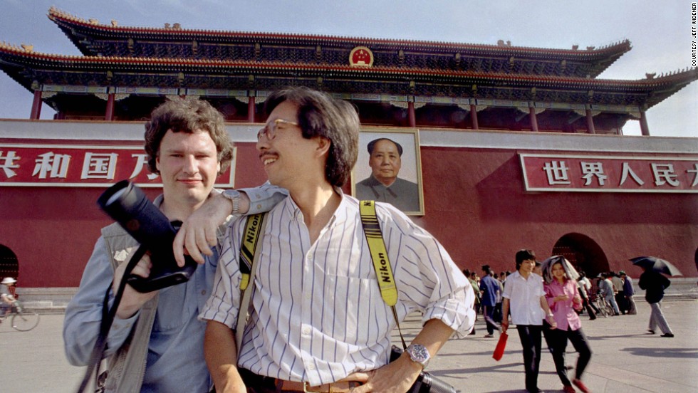 Widener with fellow photojournalist Liu Heung-Shing at Tiananmen Square in late May of 1989. Regarding future June 4 anniversaries, Widener says: "This might be the final chapter for me. I can't keep doing this story for the rest of my life. I've done my bit to tell the story."