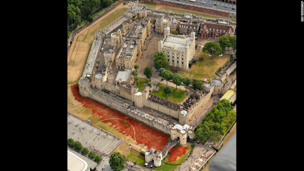 The sea of ceramic poppies are seen in this aerial photo taken Monday, August 4.