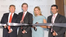 Trump and his children Eric (second from left), Ivanka and Donald Jr. attend the ribbon-cutting ceremony for Trump SoHo New York at Trump SoHo on April 9, 2010, in New York City.