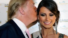 Trump kisses Miss Universe 2009 Stefania Fernandez as they arrive at the 2010 Miss Universe Pageant at the Mandalay Bay Events Center on August 23, 2010, in Las Vegas.
