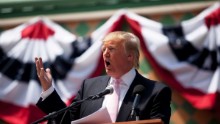Trump speaks to a crowd at the Palm Beach County Tax Day Tea Party on April 16, 2011, at Sanborn Square in Boca Raton, Florida.