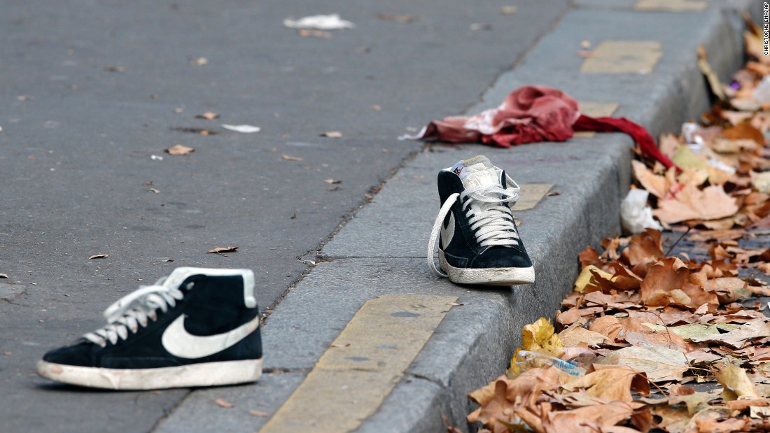 Shoes and a bloody shirt lie outside the Bataclan concert hall on November 14. Most of the fatalities occurred at the Bataclan in central Paris.