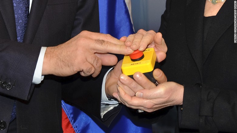 Former US Secretary of State Hillary Clinton handed a &quot;reset&quot; button to Russian Foreign Minister Sergei Lavrov during a meeting on March 6, 2009 in Geneva. 