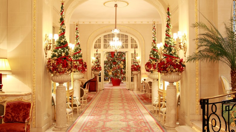 In London, The Ritz amps up its red and gold for the holidays. Gala dinners with dancing are held on Christmas Eve and Christmas Day.