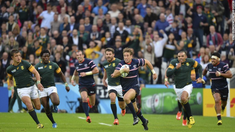 USA's Blaine Scully escapes South Africa's clutches during the Rugb World Cup pool match  in London in October 2015. 