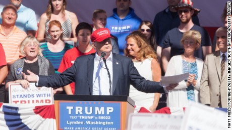 LYNDEN, WA - MAY 07: Republican presidential candidate Donald Trump gives a speech during a rally at the The Northwest Washington Fair and Event Center on May 7, 2016 in Lynden, Washington. Trump became the Republican presumptive nominee following his landslide win in Indiana on Tuesday. (Photo by Matt Mills McKnight/Getty Images)