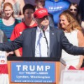 LYNDEN, WA - MAY 07: Republican presidential candidate Donald Trump gives a speech during a rally at the The Northwest Washington Fair and Event Center on May 7, 2016 in Lynden, Washington. Trump became the Republican presumptive nominee following his landslide win in Indiana on Tuesday. (Photo by Matt Mills McKnight/Getty Images)