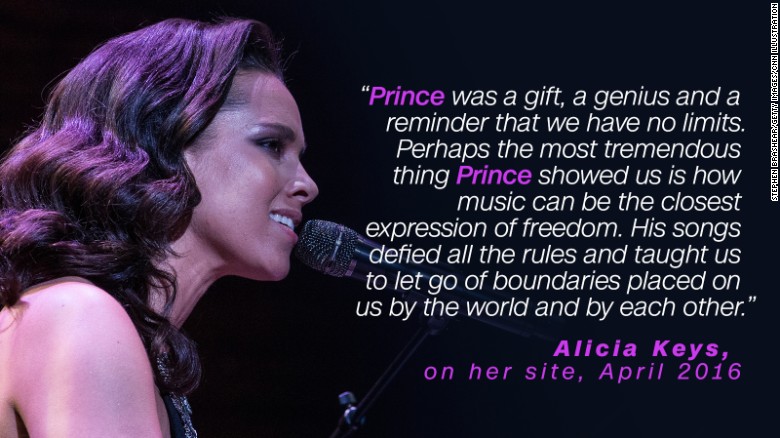 Alicia Keys considered Prince &quot;a gift.&quot; In 2009 Keys covered Prince&#39;s &quot;How Come U Don&#39;t Call Me Anymore?&quot; and on the day he died, April 21, &lt;a href=&quot;http://www.billboard.com/articles/news/7341611/alicia-keys-covers-prince-tribeca-film-festical&quot; target=&quot;_blank&quot;&gt;paid tribute to him at the Tribeca Film Festival. &lt;/a&gt;