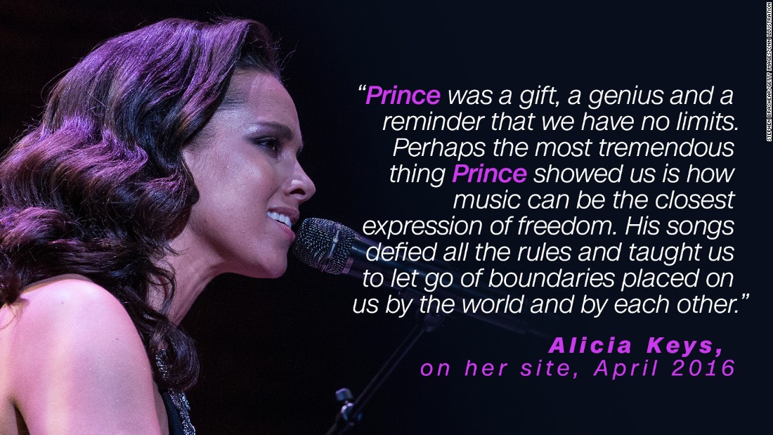 Alicia Keys considered Prince &quot;a gift.&quot; In 2009 Keys covered Prince's &quot;How Come U Don't Call Me Anymore?&quot; and on the day he died, April 21, &lt;a href=&quot;http://www.billboard.com/articles/news/7341611/alicia-keys-covers-prince-tribeca-film-festical&quot; target=&quot;_blank&quot;&gt;paid tribute to him at the Tribeca Film Festival. &lt;/a&gt;