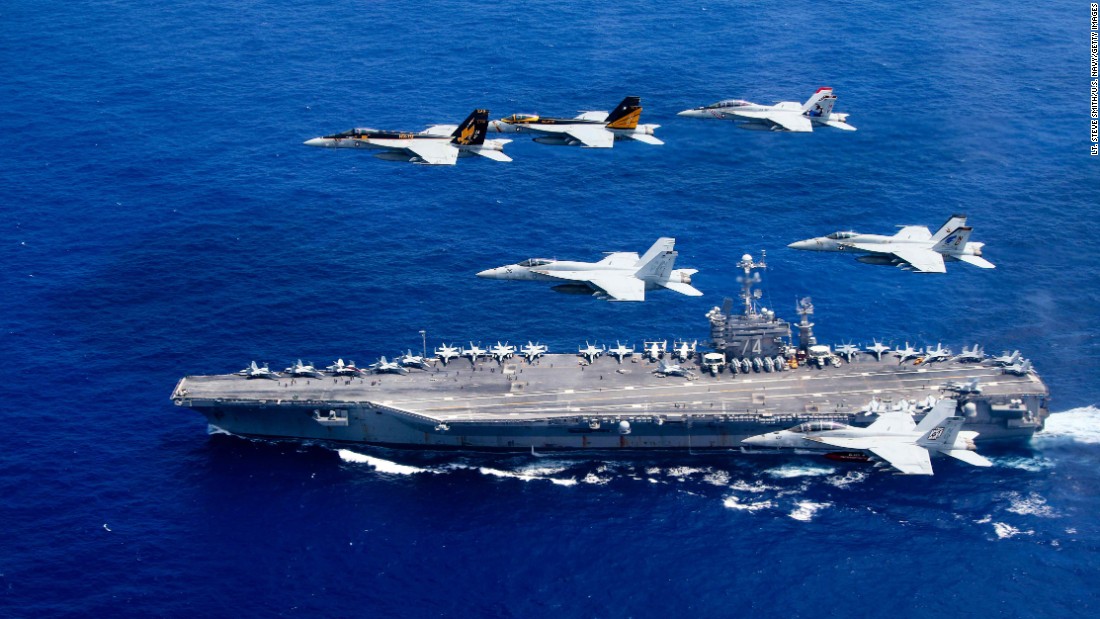 &lt;strong&gt;F/A-18 Hornets fly above the Nimitz-class aircraft carrier USS John C. Stennis in the Pacific Ocean. The US Navy has 10 of the 97,000-ton ships, which can carry more than 60 aircraft each.&lt;/strong&gt;