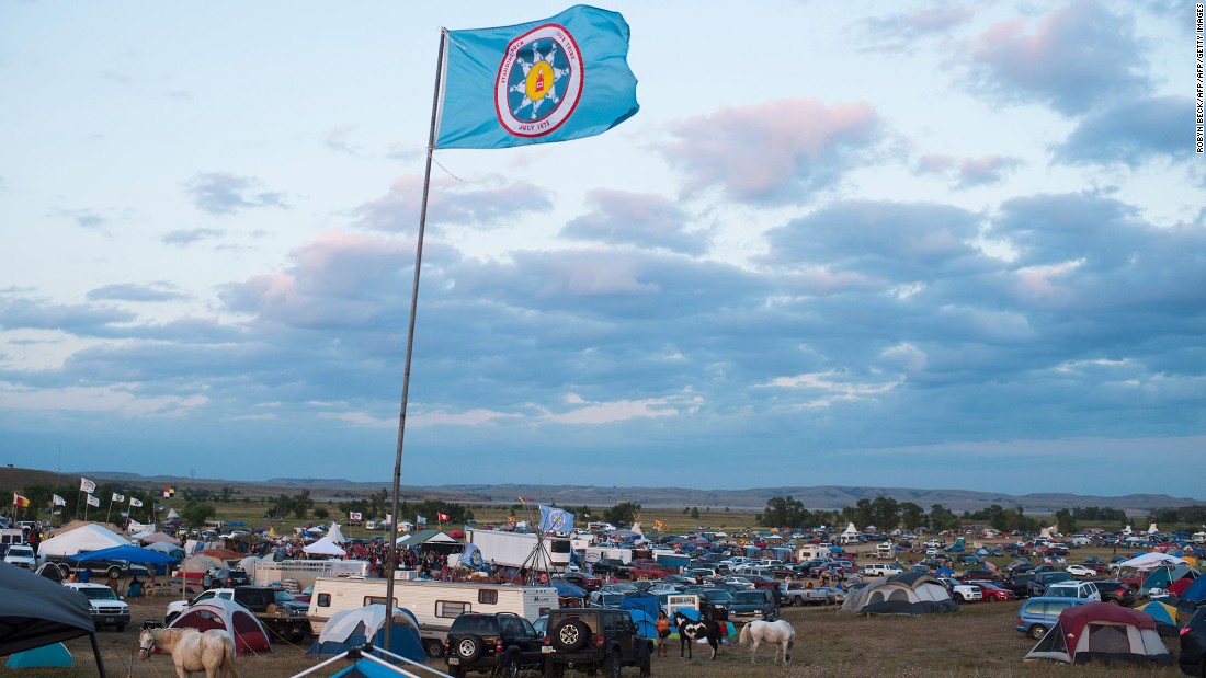A Standing Rock Sioux flag flies over a protest encampment near Cannon Ball, North Dakota.