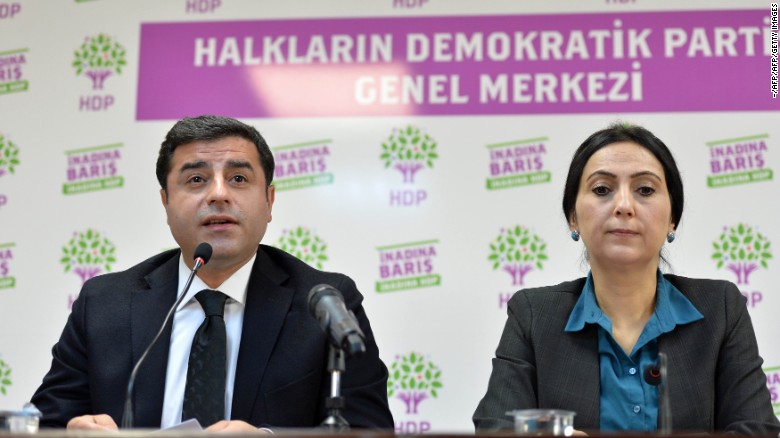 Co-chairs of the pro-Kurdish People&#39;s Democratic Party (HDP) Selahattin Demirtas, left, and Figen Yuksekdag.