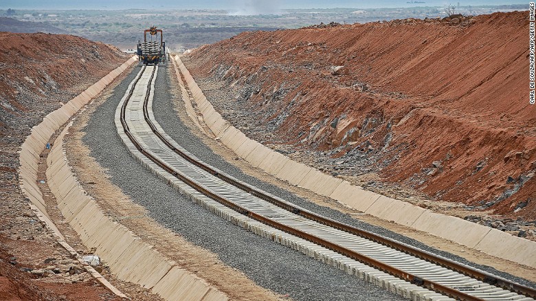 Picture taken on May 5, 2015, shows work in progress on the new railway tracks linking Djibouti with Addis Ababa. 