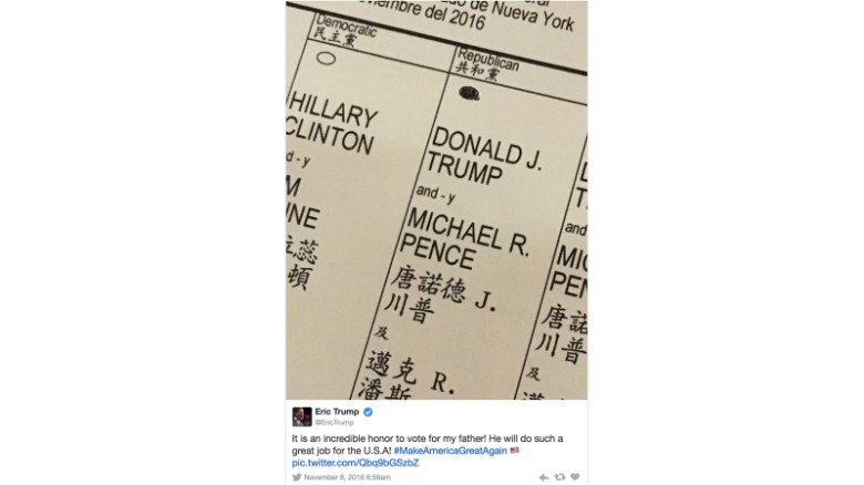 Eric Trump may have broken law with ballot tweet