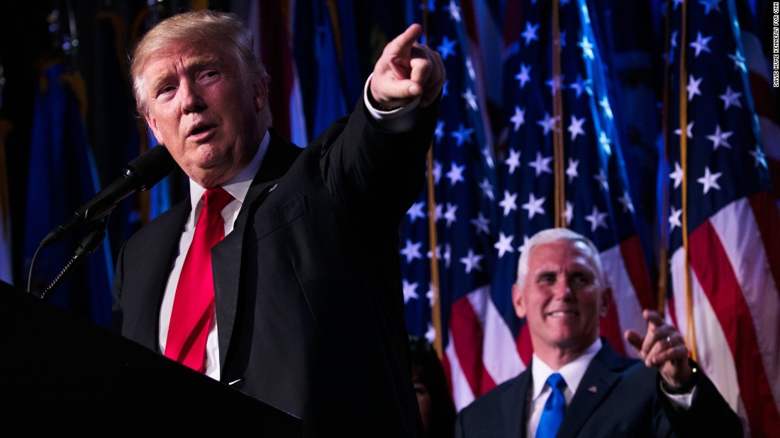 President-elect Donald Trump delivers his acceptance speech at his election night event in New York City on Wednesday, November 9. &quot;Every single American will have the opportunity to realize his or her fullest potential,&quot; the Republican said in his victory speech. &quot;The forgotten men and women of our country will be forgotten no longer.&quot;