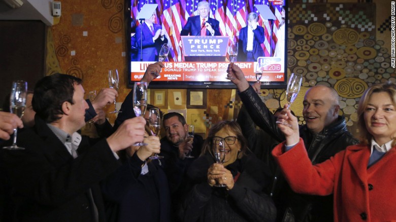 Slovenians toast Donald Trump&#39;s victory in Sevnica, the hometown of Trump&#39;s wife, Melania, during a broadcast of &lt;a href=&quot;http://www.cnn.com/2016/11/09/politics/donald-trump-acceptance-speech/&quot; target=&quot;_blank&quot;&gt;his acceptance speech&lt;/a&gt; on Wednesday, November 9. Trump defeated Democratic presidential nominee Hillary Clinton and will become the 45th president of the United States.