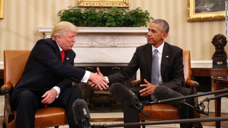 Obama shakes hands with President-elect Donald Trump &lt;a href=&quot;http://www.cnn.com/2016/11/10/politics/donald-trump-obama-paul-ryan-washington/&quot; target=&quot;_blank&quot;&gt;in the Oval Office&lt;/a&gt; on November 10, 2016. &quot;My No. 1 priority in the next two months is to try to facilitate a transition that ensures our President-elect is successful,&quot; Obama said after meeting with Trump for about 90 minutes.
