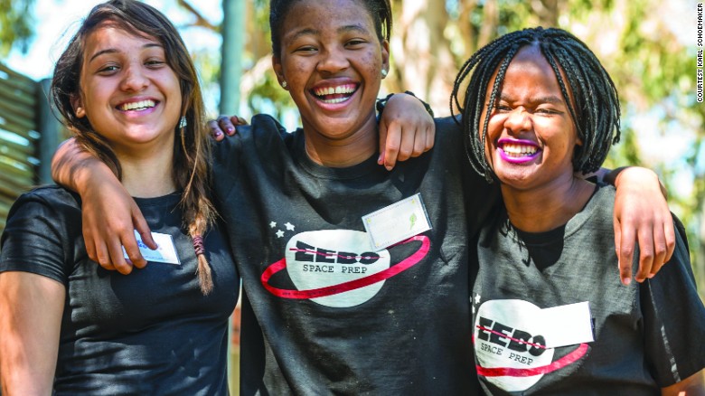 In May 2017, South Africa will launch the continent&#39;s first private satellite into space. It&#39;s been designed by school girls, within a STEM program. Pictured: Ayesha Salie, Sesam Mngqengqiswa, and Bhanekazi Tandwa on a learning boot camp with fellow teammates  in Worcester, Western Cape Province, South Africa.
