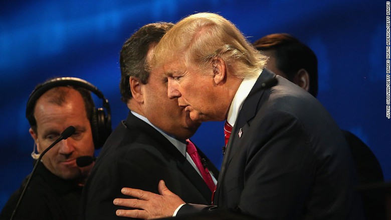 BOULDER, CO - OCTOBER 28: Presidential candidates Donald Trump (R) speaks with New Jersey Gov, Chris Christie during a break at the the CNBC Republican Presidential Debate at University of Colorados Coors Events Center October 28, 2015 in Boulder, Colorado. Fourteen Republican presidential candidates are participating in the third set of Republican presidential debates. (Photo by Justin Sullivan/Getty Images)