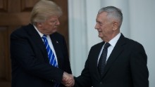 BEDMINSTER TOWNSHIP, NJ - NOVEMBER 19: [L to R) President-elect Donald Trump shakes hands with retired United States Marine Corps general James Mattis after their meeting at Trump International Golf Club, November 19, 2016 in Bedminster Township, New Jersey. Trump and his transition team are in the process of filling cabinet and other high level positions for the new administration. (Photo by Drew Angerer/Getty Images)