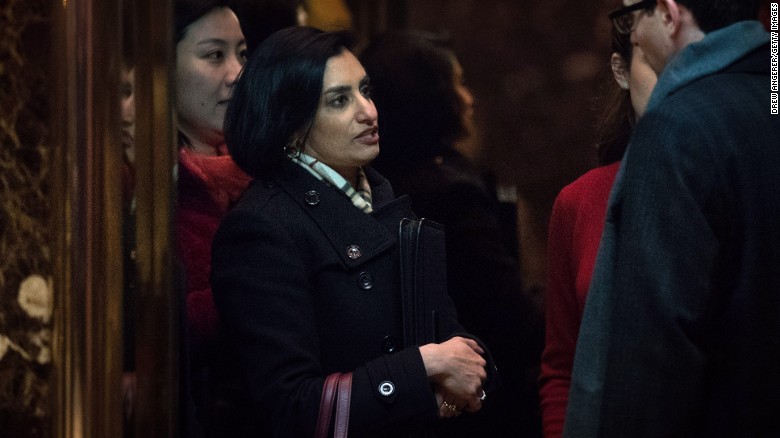 Seema Verma, president and founder of SVC Inc., gets into an elevator as she arrives at Trump Tower on November 22, 2016 in New York City. 
