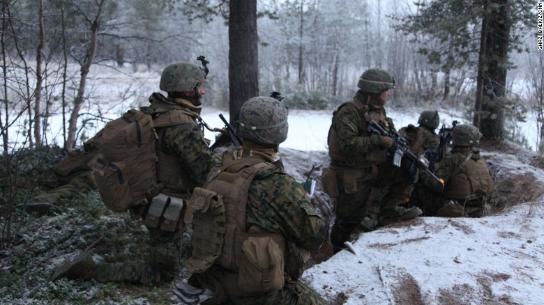 US Marines advance towards their target -- a bunker manned by Norwegian allies.