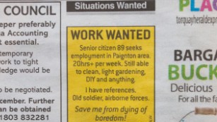 Joe Bartley&#39;s job advertisement in the Herald Express newspaper.