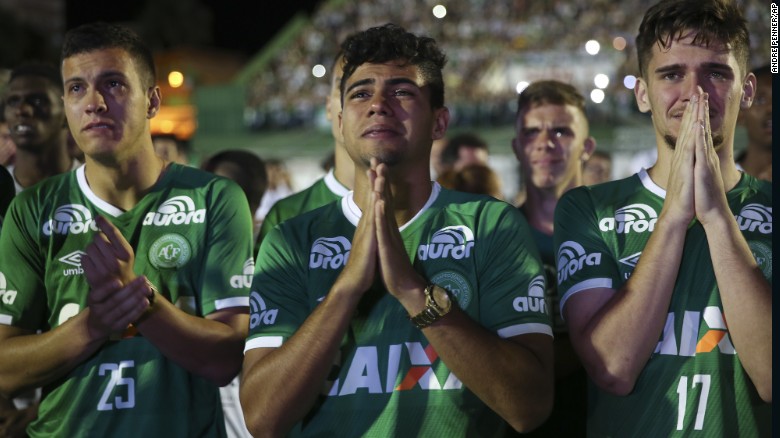 Players from the Brazilian soccer team Chapecoense mourn their fallen teammates during a tribute at the team&#39;s stadium in Chapeco, Brazil, on Wednesday, November 30. A charter airplane carrying 77 people, including most players from Chapecoense, crashed near Rionegro, Colombia, on Monday, November 28. At least 71 people were killed, officials said. Six survived: three players, two crew members and one journalist.