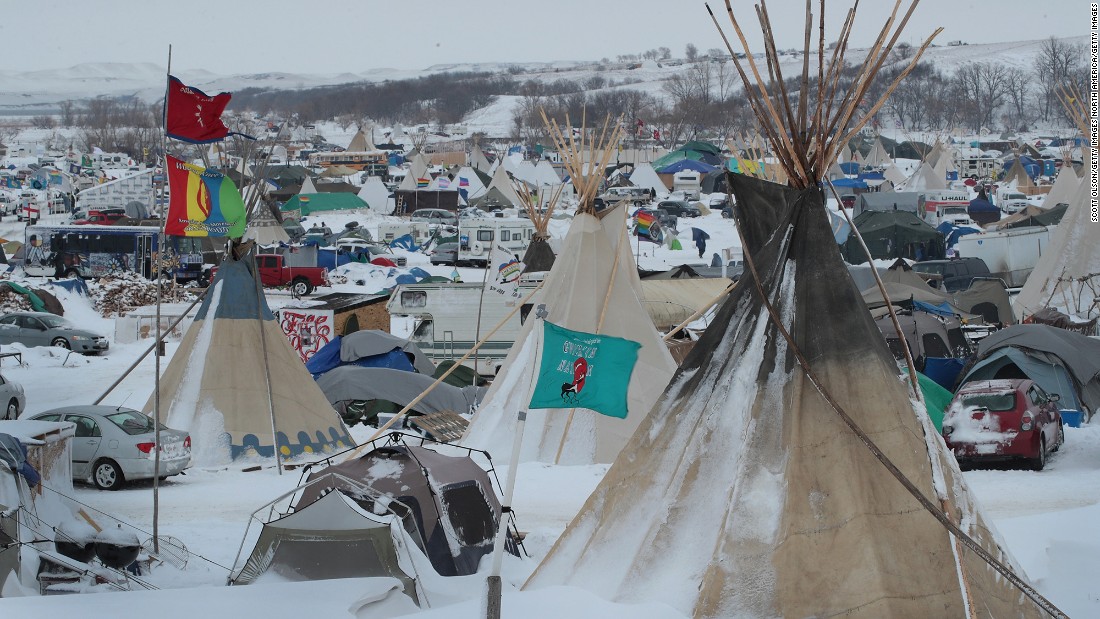 Snow covers Oceti Sakowin Camp near the Standing Rock Sioux Reservation on November 30, 2016 outside Cannon Ball, North Dakota. 