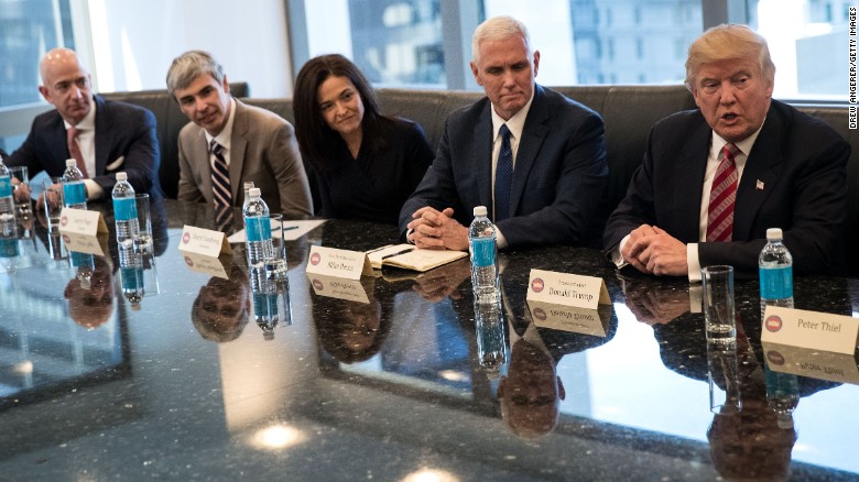 President-elect Donald Trump, right, &lt;a href=&quot;http://money.cnn.com/2016/12/14/technology/trump-tech-summit-silicon-valley/&quot; target=&quot;_blank&quot;&gt;meets with technology executives&lt;/a&gt; in New York on Wednesday, December 14. From left are Jeff Bezos, chief executive officer of Amazon; Larry Page, chief executive officer of Google&#39;s parent company Alphabet; Sheryl Sandberg, chief operating officer of Facebook; and Vice President-elect Mike Pence. The three main areas discussed were jobs, immigration and China, according to a source briefed on the meeting.