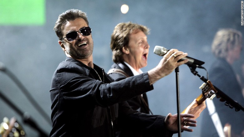 George Michael, left, and Paul McCartney perform together at the &quot;Live 8 London&quot; concert on July 2, 2005 in London.