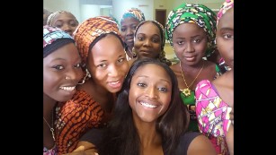 CNN&#39;s Isha Sesay takes a selfie with some of the freed Chibok girls. 
