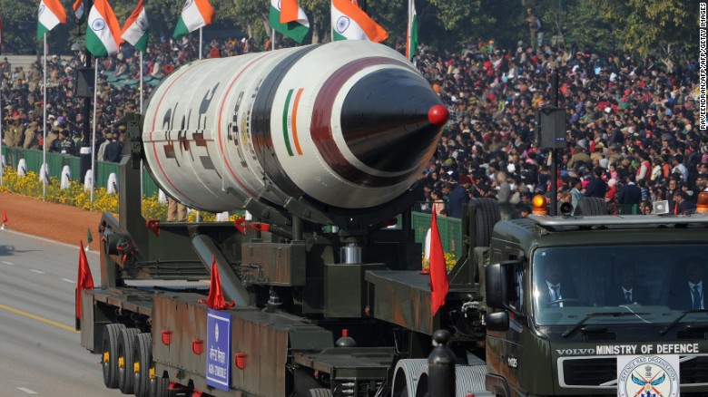 The Agni-V is displayed during the Republic Day parade in New Delhi on January 26, 2013.